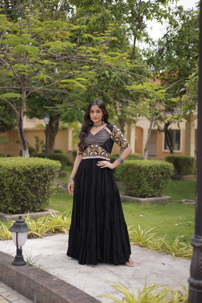 RangBhoomi Navratri Gown 2026 — Rust & Black Embroidered Multi-Tiered Festive Gown