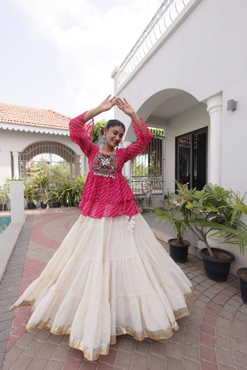 RangBhoomi Navratri Lehenga Choli Set — Kora Cotton Frill with Laheriya Print