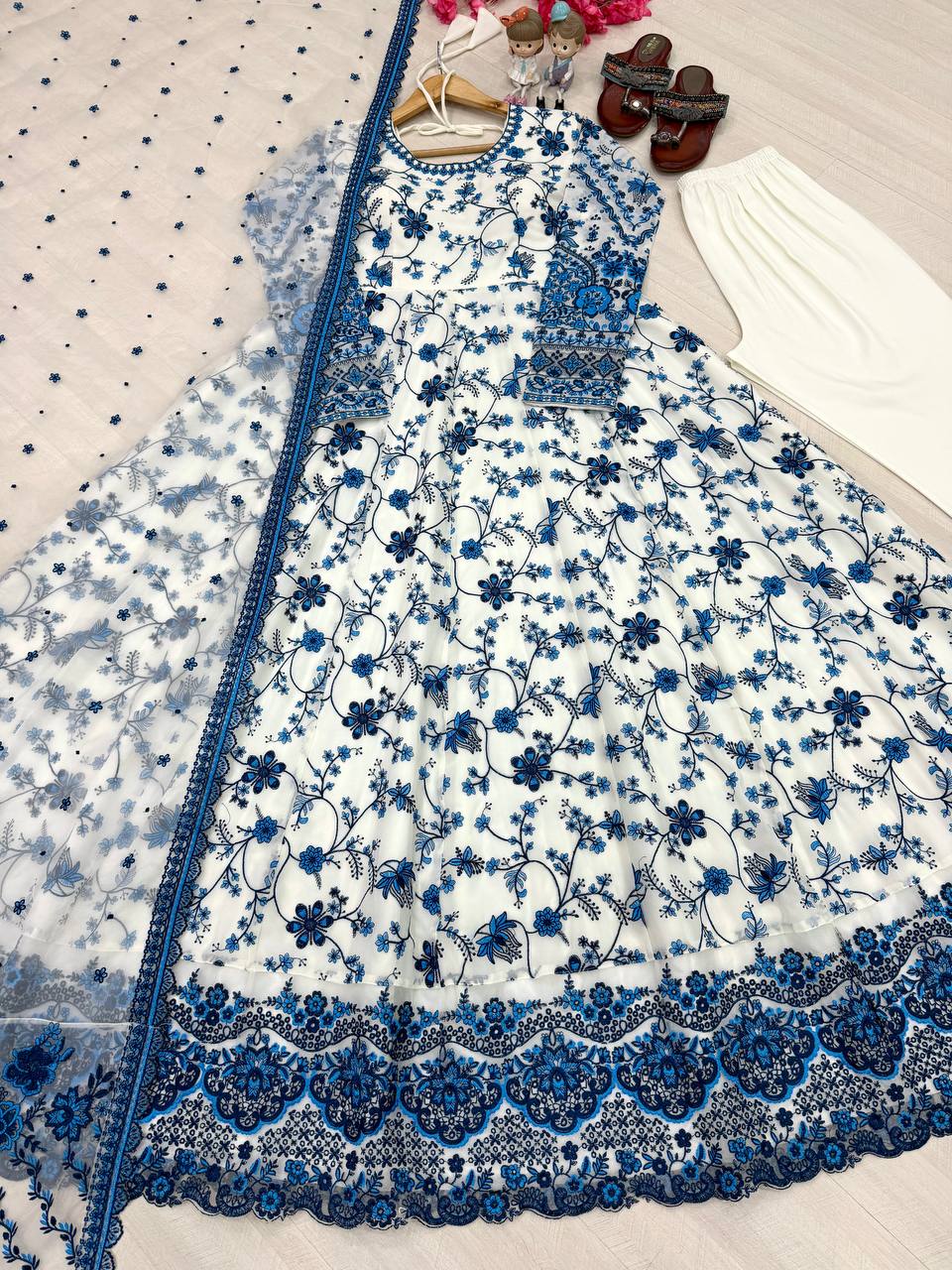 Elegant Party Wear Heavy Faux Georgette Gown with Organza Dupatta and Micro Cotton Bottom Set