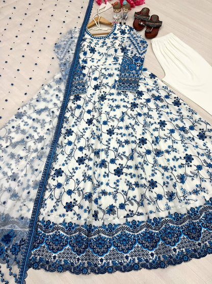 Elegant Party Wear Heavy Faux Georgette Gown with Organza Dupatta and Micro Cotton Bottom Set