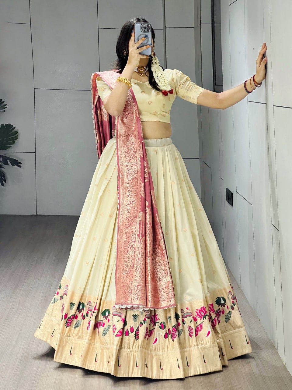 Exquisite Paithani Silk Lehenga with Vibrant Colorful Motifs, Iconic Gold Zari Border, and Signature Satin Silk Dupatta
