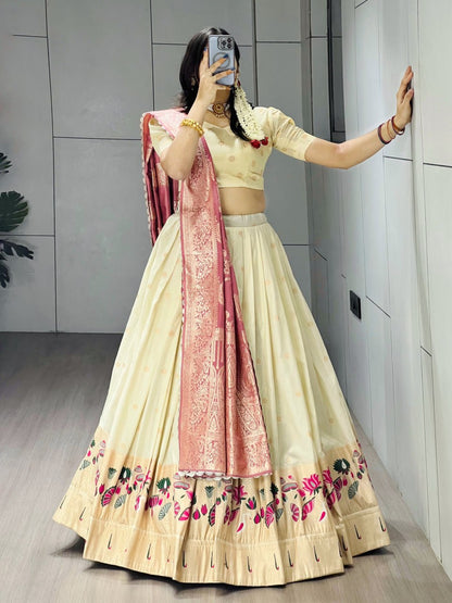 Exquisite Paithani Silk Lehenga with Vibrant Colorful Motifs, Iconic Gold Zari Border, and Signature Satin Silk Dupatta