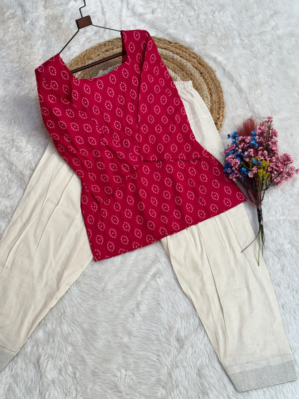 RangBhoomi Premium Cotton Bandhej Printed Top and Linen Cotton Farsi Style Pant Set