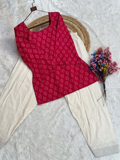 RangBhoomi Premium Cotton Bandhej Printed Top and Linen Cotton Farsi Style Pant Set