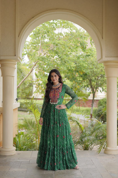 RangBhoomi Bandhani & Kutchi Patchwork Faux Georgette Gown — Festive Navratri Edition