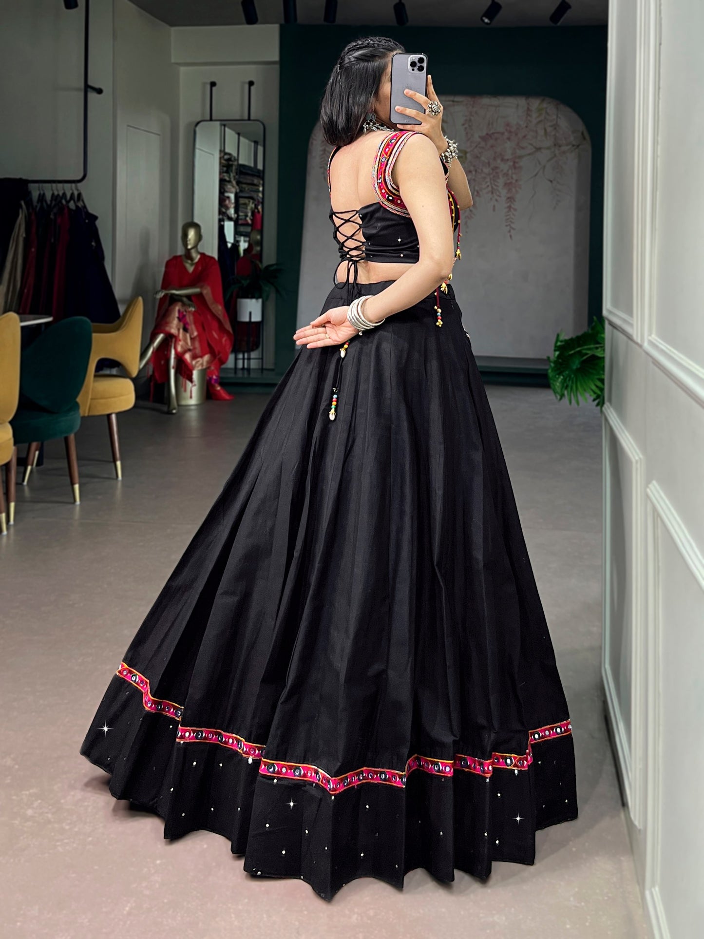 RangBhoomi Black Cotton Mirror-Work Lehenga for Navratri — 5m Flair with Multicolor Tassels