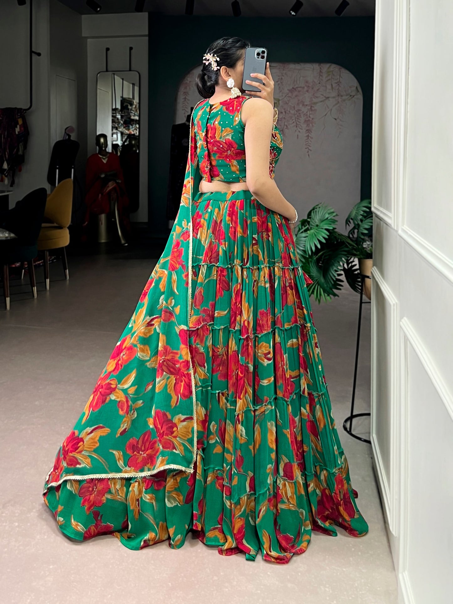 Elegant Floral Marble Print Lehenga Choli Set with Handwork and Lace Border Dupatta
