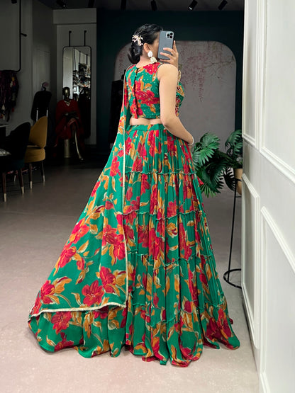 Elegant Floral Marble Print Lehenga Choli Set with Handwork and Lace Border Dupatta