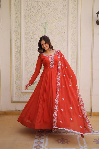 Elegant Mal Chanderi Gown and Dupatta Set with Bead Embroidery and Designer Cutwork Lace Border