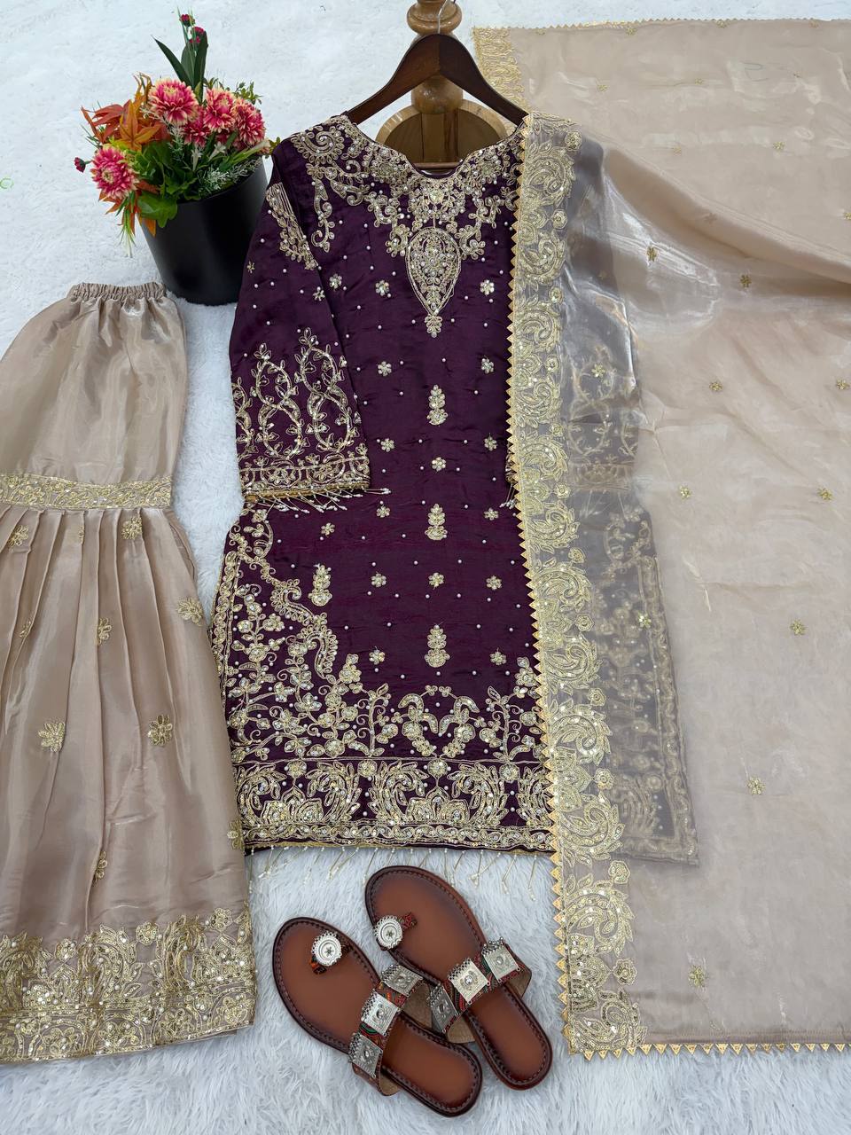 RangBhoomi Exclusive Designer Partywear Set – Pure Heavy GMY Silk with Elaborate Embroidery and Sequins