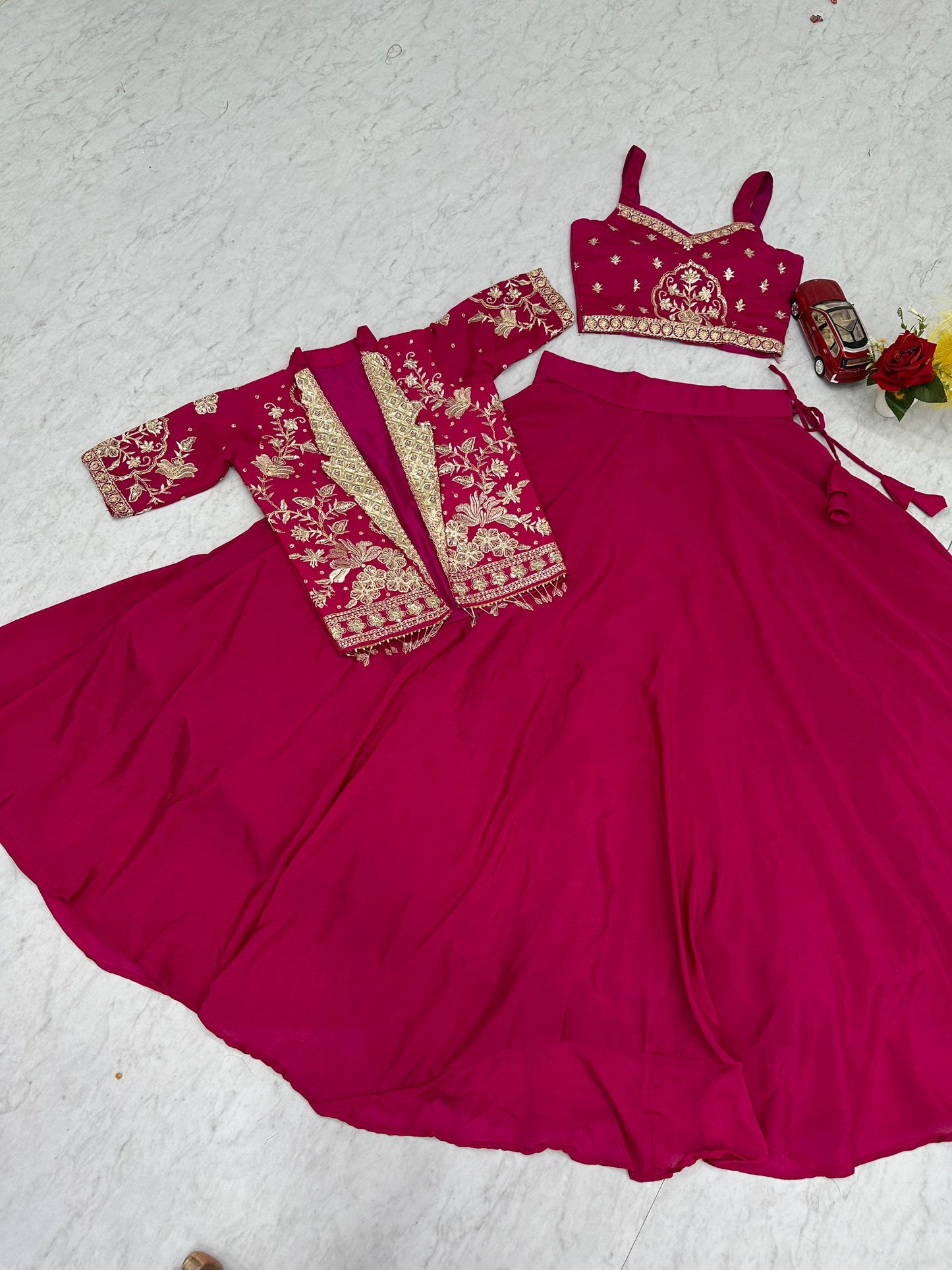 RangBhoomi Festival Special Embroidered Chinon Crop Top Set with Lehenga and Jacket