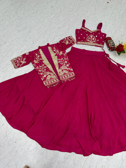 RangBhoomi Festival Special Embroidered Chinon Crop Top Set with Lehenga and Jacket