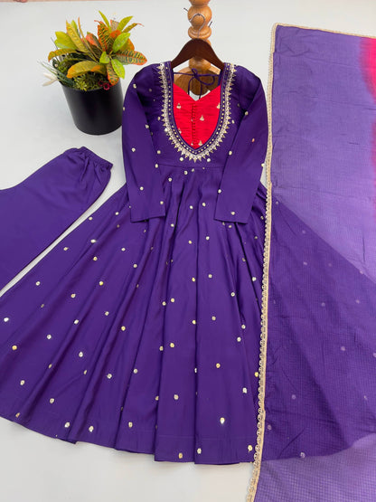 RangBhoomi Roman Silk Anarkali Set with Mirror Embroidery & Kota Chexs Dupatta - Ready-to-Wear