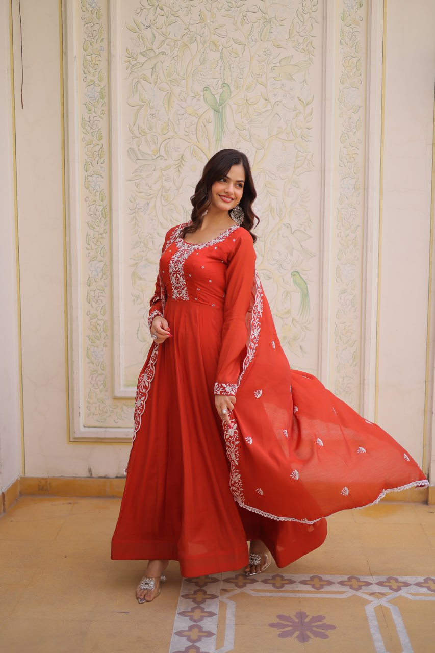 Elegant Mal Chanderi Gown and Dupatta Set with Bead Embroidery and Designer Cutwork Lace Border