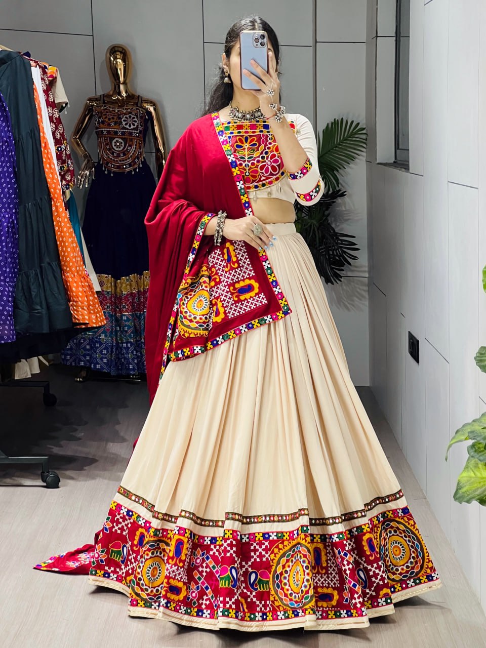 Classical Premium Gamthi Mirror Work Lehenga Choli - Vanilla Rayon Cotton Festive Set