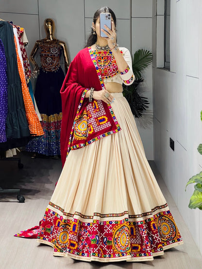 Classical Premium Gamthi Mirror Work Lehenga Choli - Vanilla Rayon Cotton Festive Set