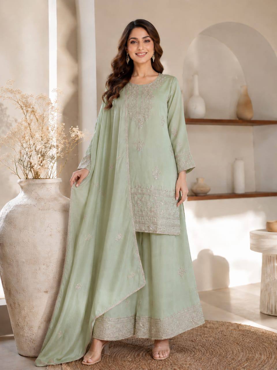 Exclusive Designer Collection for Festivals – Elegant Vichitra Silk Ensemble with Embroidered Sequence