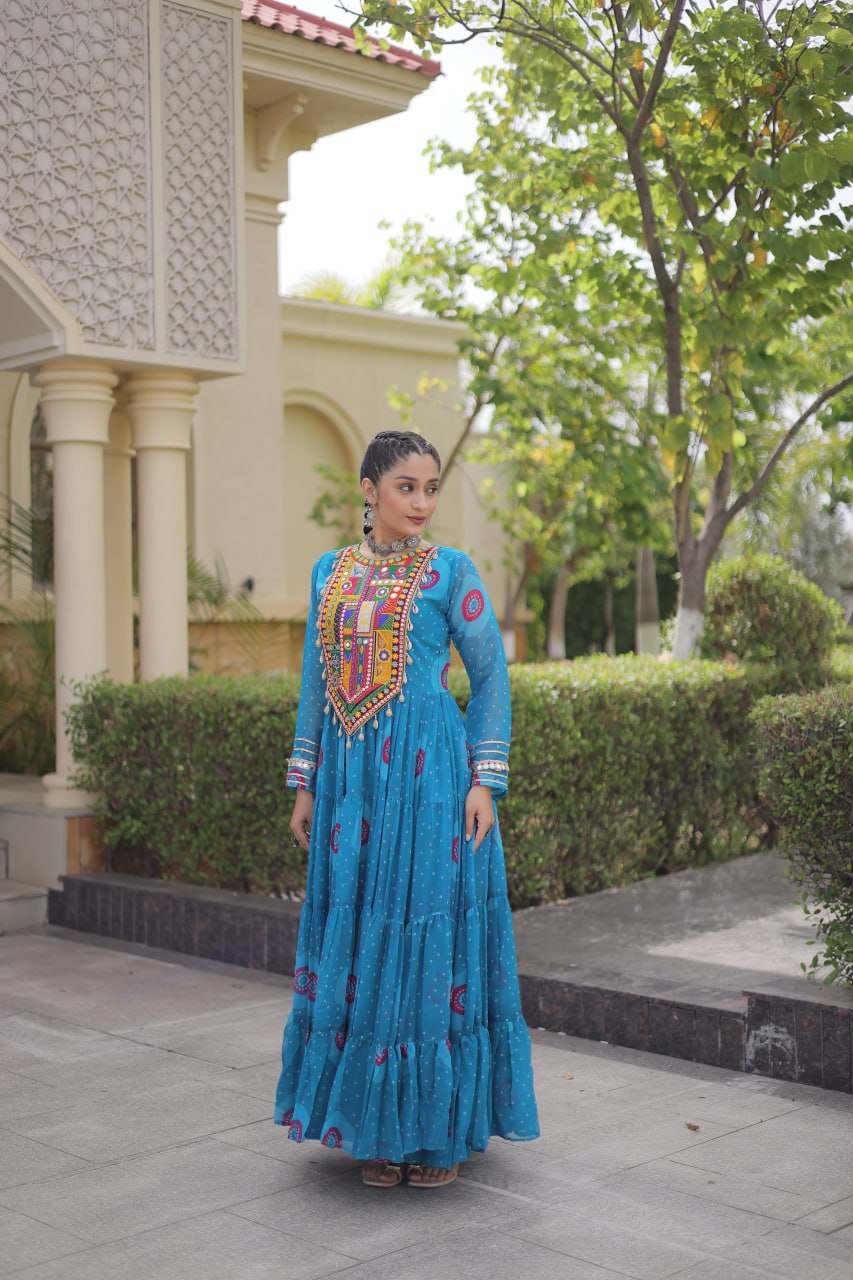 RangBhoomi Bandhani & Kutchi Patchwork Faux Georgette Gown — Navratri Collection 2026