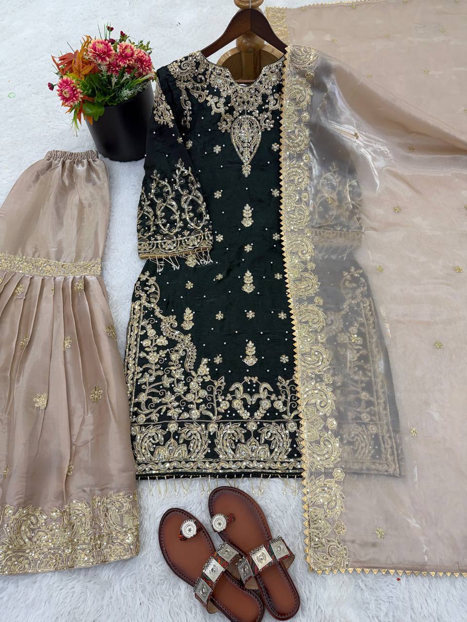 RangBhoomi Exclusive Designer Partywear Set – Pure Heavy GMY Silk with Elaborate Embroidery and Sequins