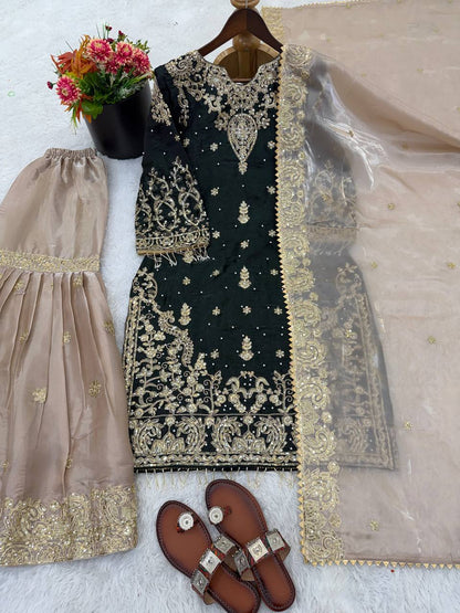 RangBhoomi Exclusive Designer Partywear Set – Pure Heavy GMY Silk with Elaborate Embroidery and Sequins