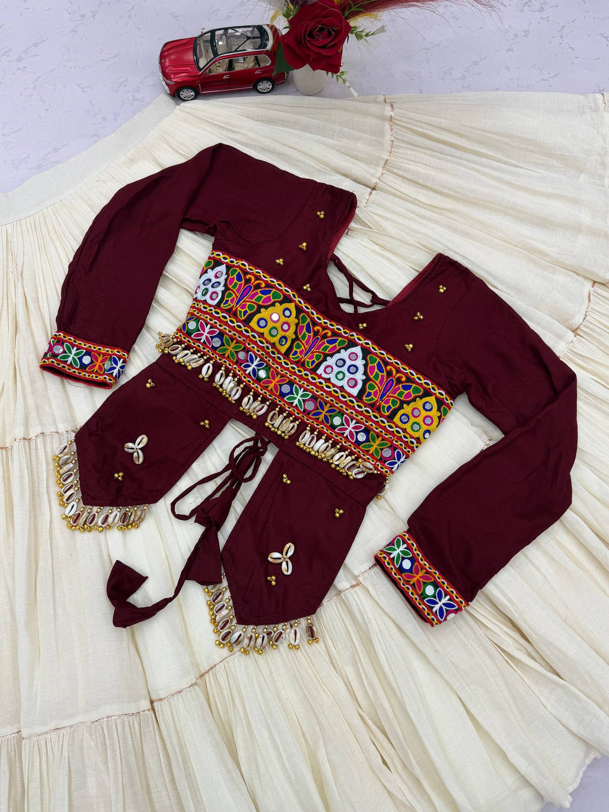RangBhoomi Navratri Hand-Work 9m Flair Lehenga Choli - Pure Cotton Top & Kora Cotton Skirt