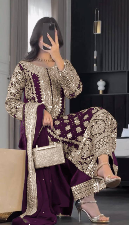 New Collection Faux Georgette Ensemble with Intricate Heavy Embroidery, Sequin Detailing, and Fully Stitched Ready-to-Wear Top, Bottom, and Dupatta Set