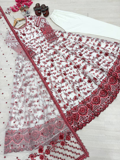 Elegant Party Wear Heavy Faux Georgette Gown with Organza Dupatta and Micro Cotton Bottom Set