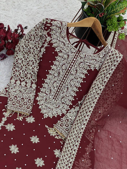 New Collection Faux Georgette Ensemble with Intricate Heavy Embroidery, Sequin Detailing, and Fully Stitched Ready-to-Wear Top, Bottom, and Dupatta Set
