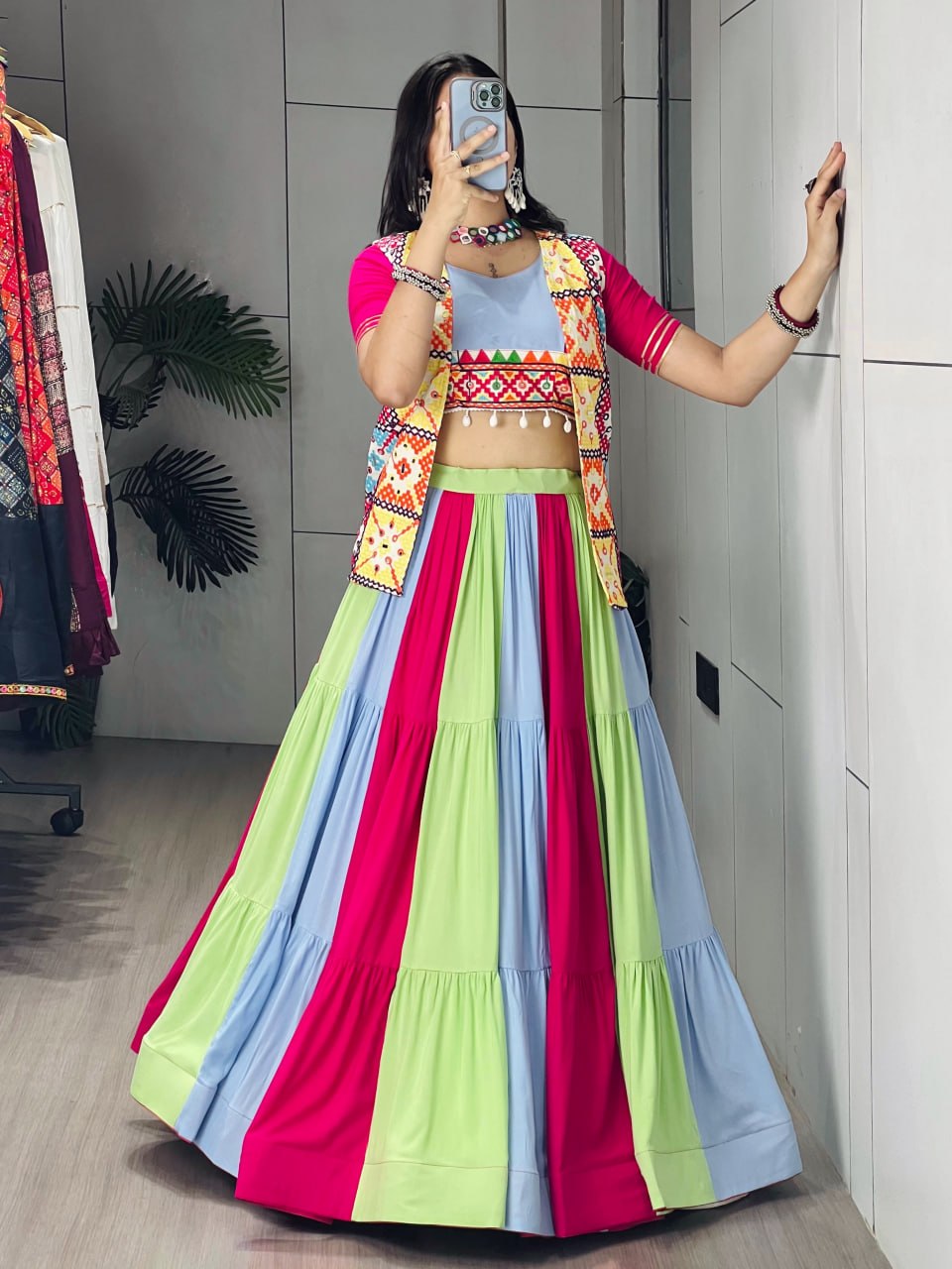 RangBhoomi Multicolor Mirror-Work Lehenga Choli Set — Festive Navratri Garba Ensemble
