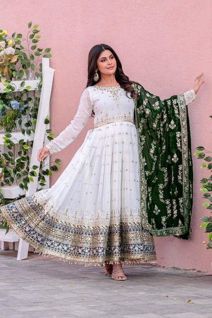 Elegant Party Wear Heavy Faux Georgette Gown with Embroidered Dupatta and Bottom Set