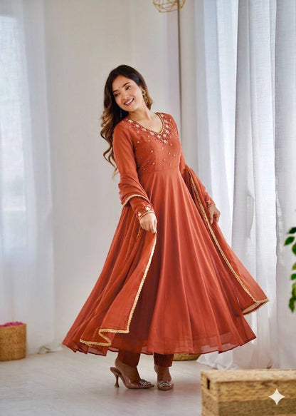 RangBhoomi Elegant Party Wear Fox Georgette Gown Set with Dupatta and Crepe Pants