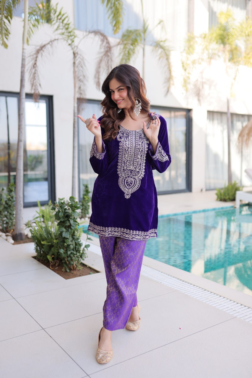 Ready-to-Wear Velvet Top and Pant Set with Embroidered Batwa from RangBhoomi Collection