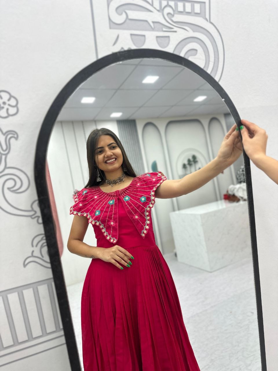 Trendy Hand-Embroidered Roman Fabric Gown with Soft Micro Cotton Lining, Fully Stitched, Available in Sizes M to XL and Beyond