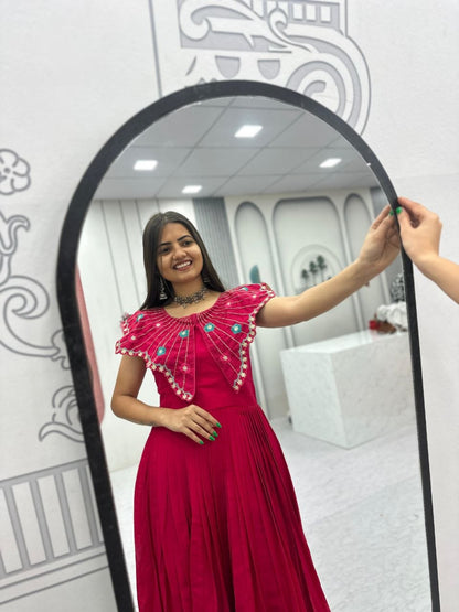 Trendy Hand-Embroidered Roman Fabric Gown with Soft Micro Cotton Lining, Fully Stitched, Available in Sizes M to XL and Beyond