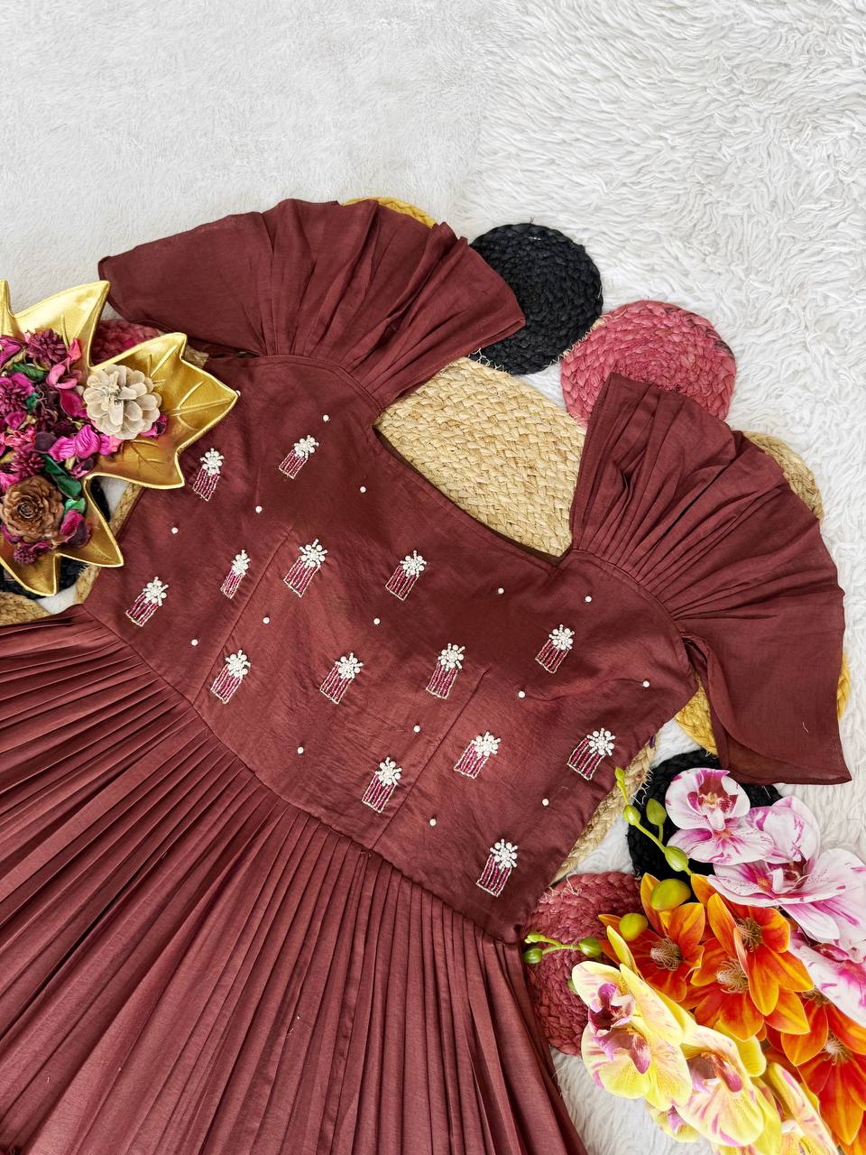 Latest Summer Special Mull-Mull Cotton Gown with Elegant Maggam Embroidery