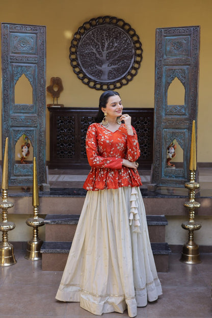 RangBhoomi Elegant Silk Embroidered Crop Top Set with Flared Lehenga and Sequined Detailing