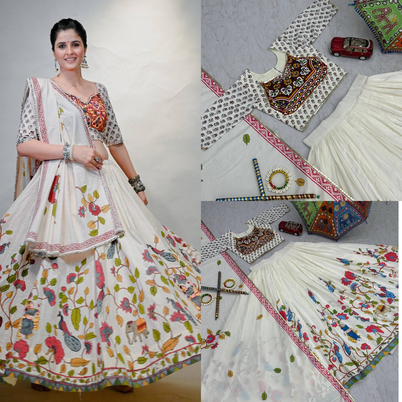 Collage of model in lehenga choli and flat lay, showing mirror work blouse and folk print skirt for Navratri.