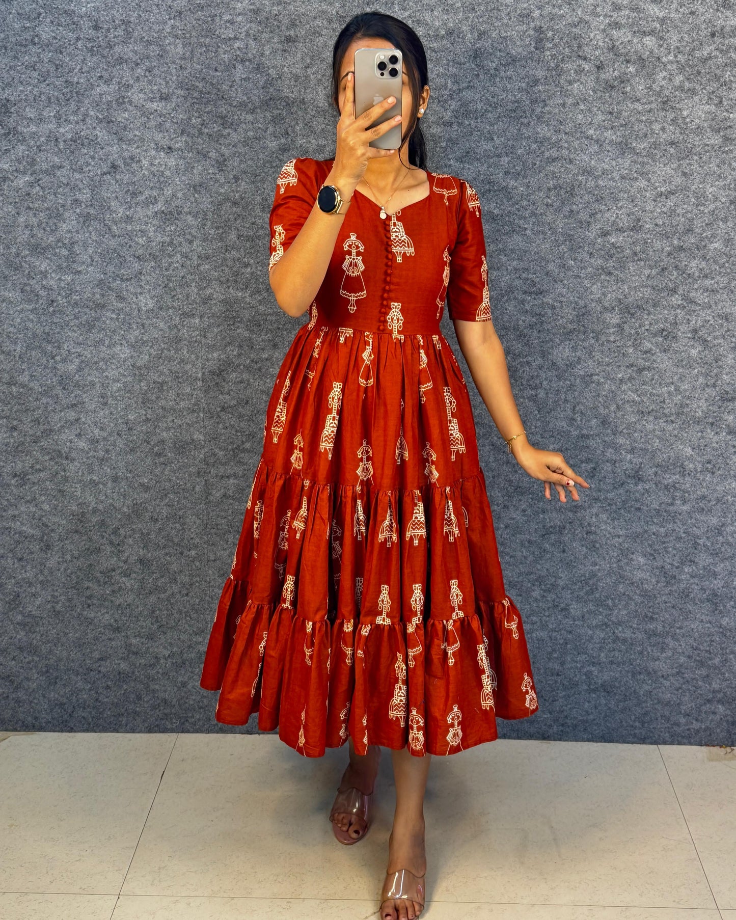 RangBhoomi Exclusive Hand-Block Printed Pure Cotton Warli Art Maxi Gown with Side Pocket