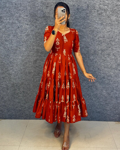 RangBhoomi Exclusive Hand-Block Printed Pure Cotton Warli Art Maxi Gown with Side Pocket