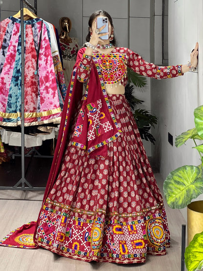 Traditional Ajrakh Print Chaniya Choli Ensemble - Maroon Pure Rayon Cotton Lehenga with Real Mirror Work and Ethnic Motifs