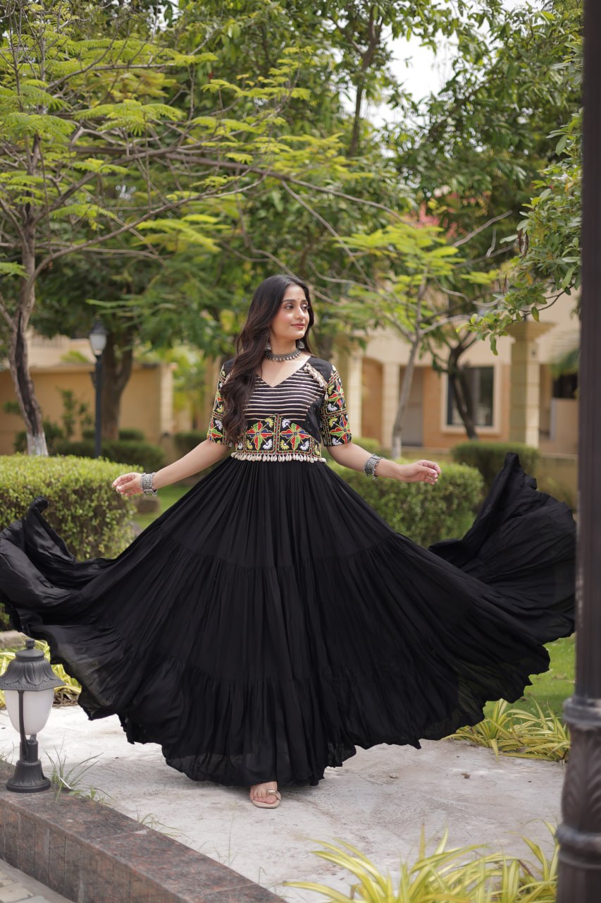 RangBhoomi Navratri Gown 2026 — Rust & Black Embroidered Multi-Tiered Festive Gown