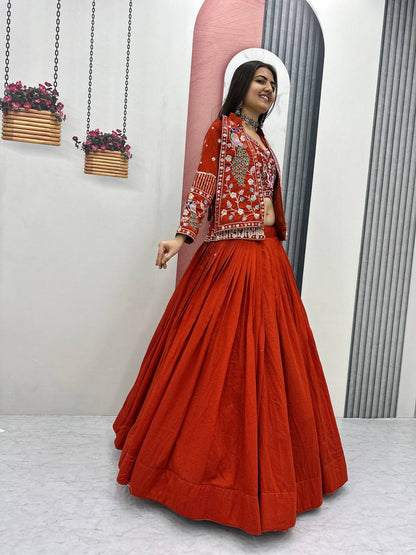 Festival Special Vichitra Silk Crop Top Lehenga Jacket Set with Heavy Thread and Sequin Embroidery by RangBhoomi
