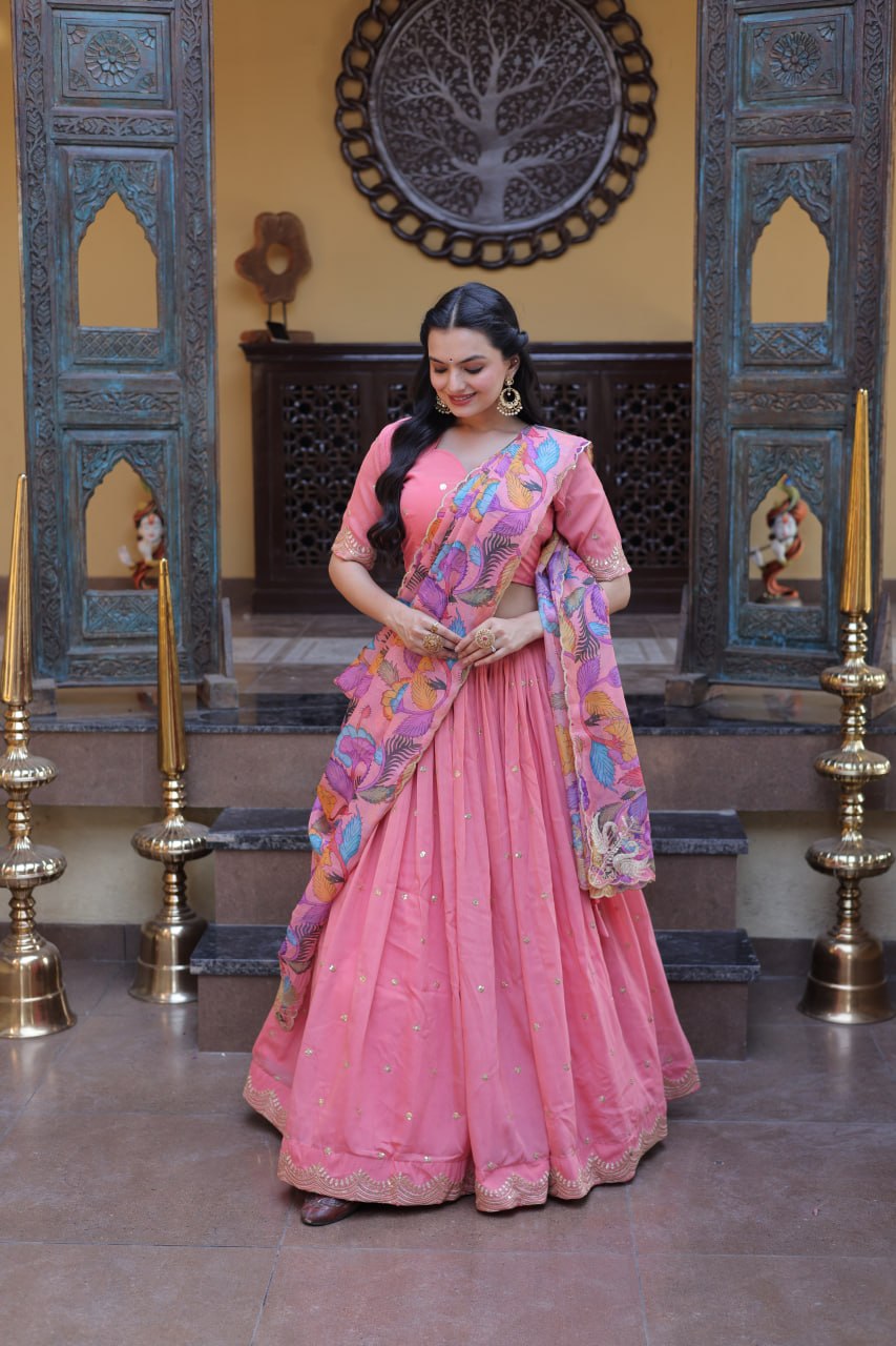 Elegant Lehengha Choli Set with Embroidered Cosmos Silk and Printed Tabby Silk Dupatta
