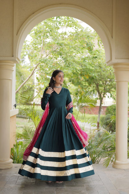 RangBhoomi Navratri Gown & Dupatta Collection 2026 – Full-Sleeve V-Neck Reyon Gown with Georgette Dupatta