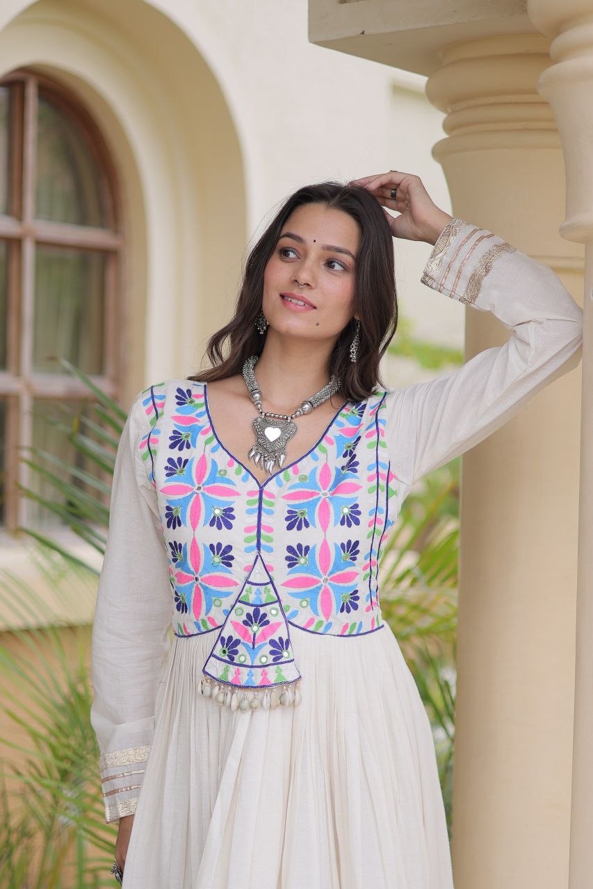 RangBhoomi Navratri Embroidered Kora Cotton Gown — Parrot & Off-White