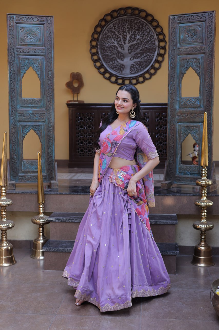 Elegant Lehengha Choli Set with Embroidered Cosmos Silk and Printed Tabby Silk Dupatta