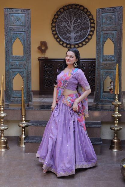 Elegant Lehengha Choli Set with Embroidered Cosmos Silk and Printed Tabby Silk Dupatta