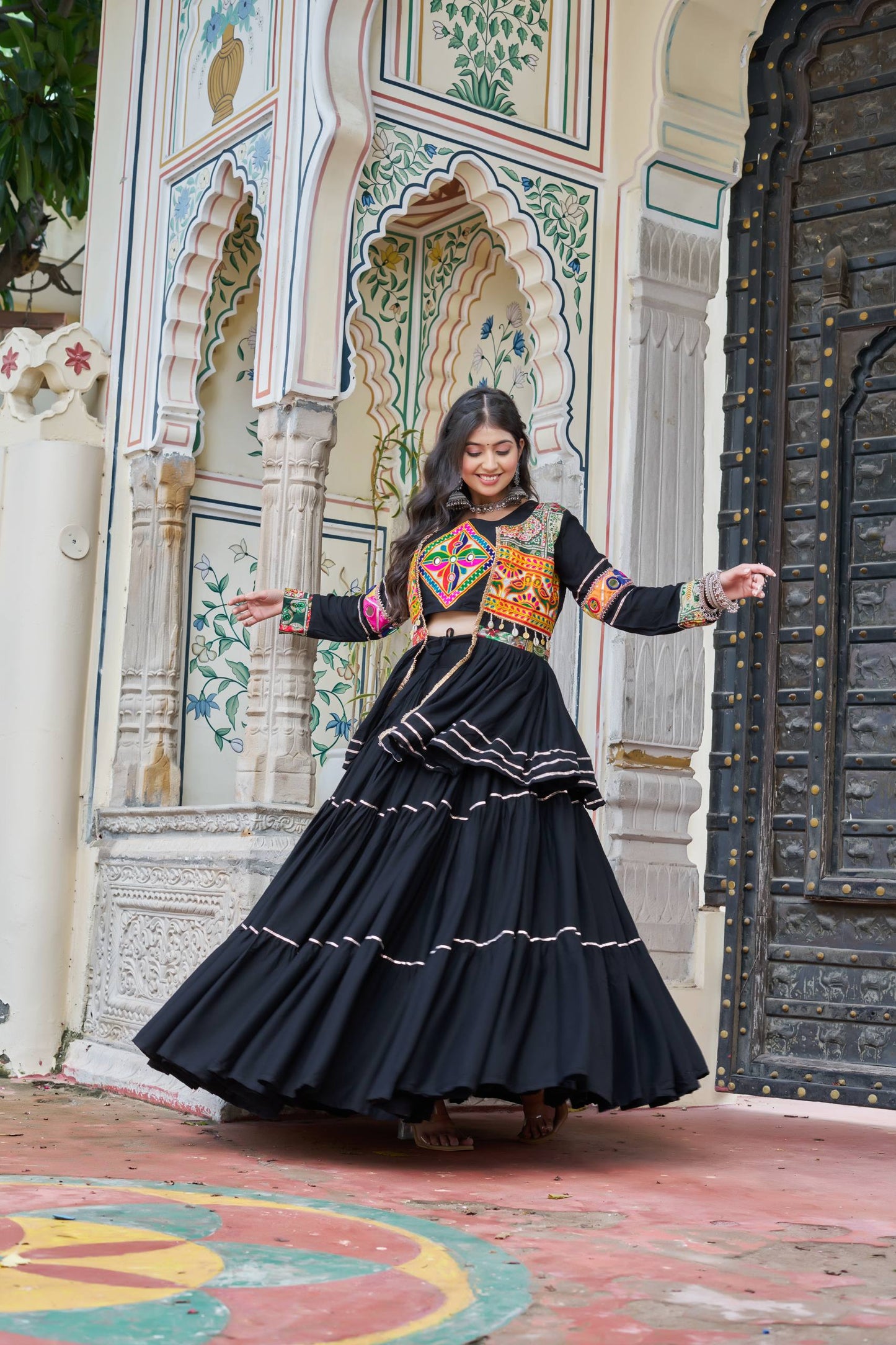 Navratri Special Gamthi Embroidery Lehenga Choli with Mirror and Ribbon Lace – Pure Cotton, Fully Stitched, 9 Meter Flair
