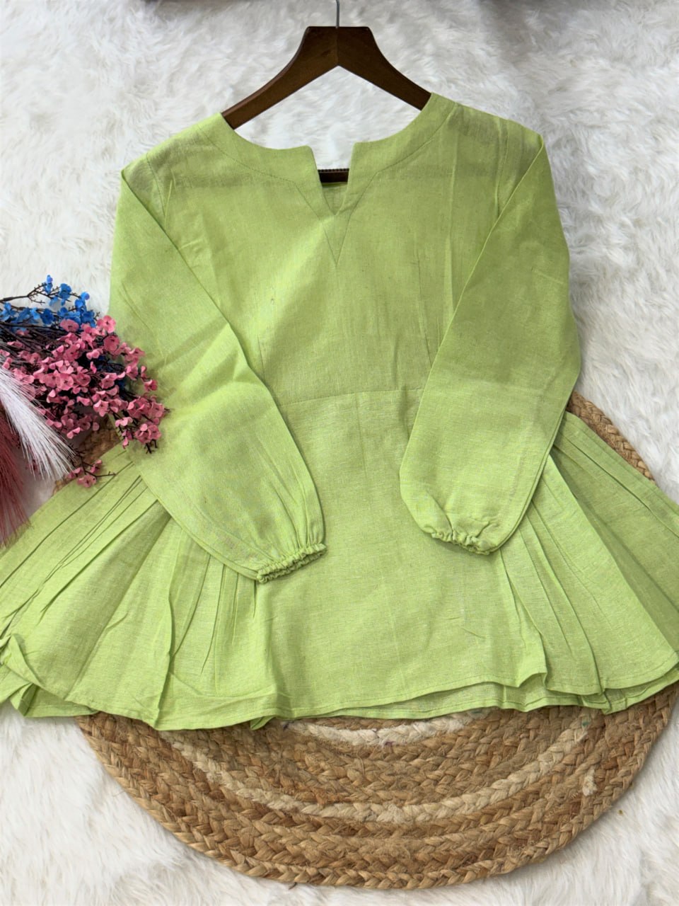 RangBhoomi Elegant Linen Cotton Top and Pant Set – Full-Sleeve Frill Stitch Top with Elastic Waist Pants in Parrot, Peach, and Yellow