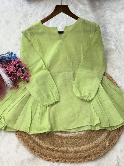 RangBhoomi Elegant Linen Cotton Top and Pant Set – Full-Sleeve Frill Stitch Top with Elastic Waist Pants in Parrot, Peach, and Yellow